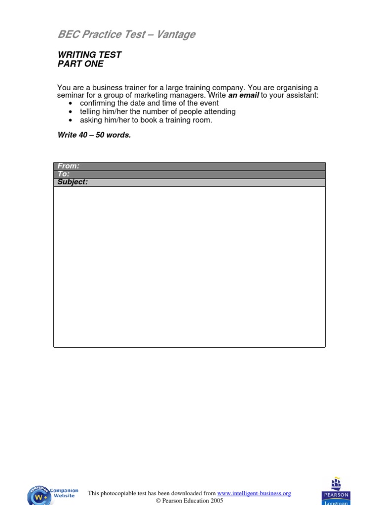 BEC Practice Test - Vantage: Writing Test Part One | PDF