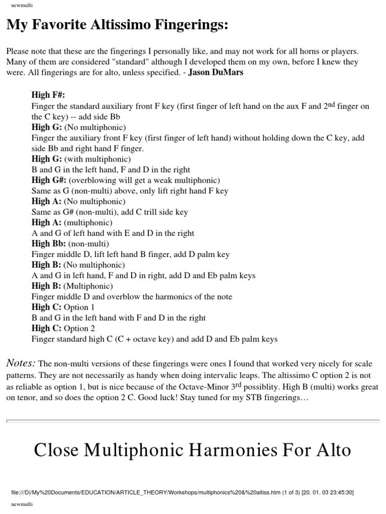 Altissimo and Multiphonics for Alto Sax | PDF | Language Arts & Discipline