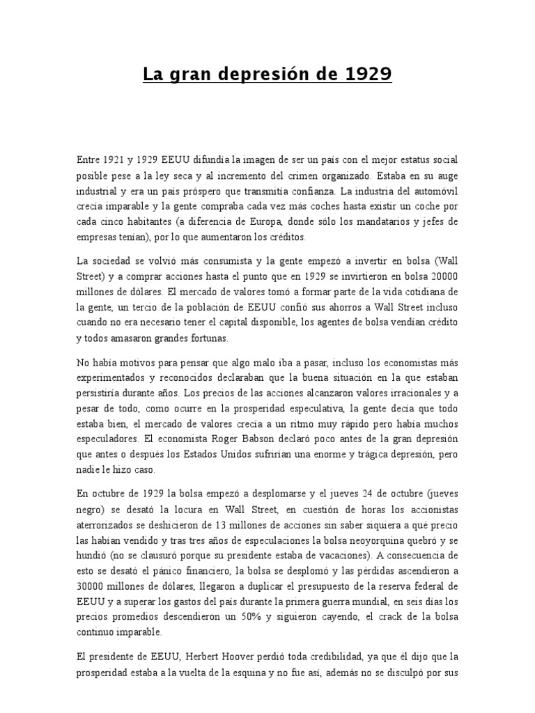 La Gran Depresión De 1929 Pdf Gran Depresion Bolsa