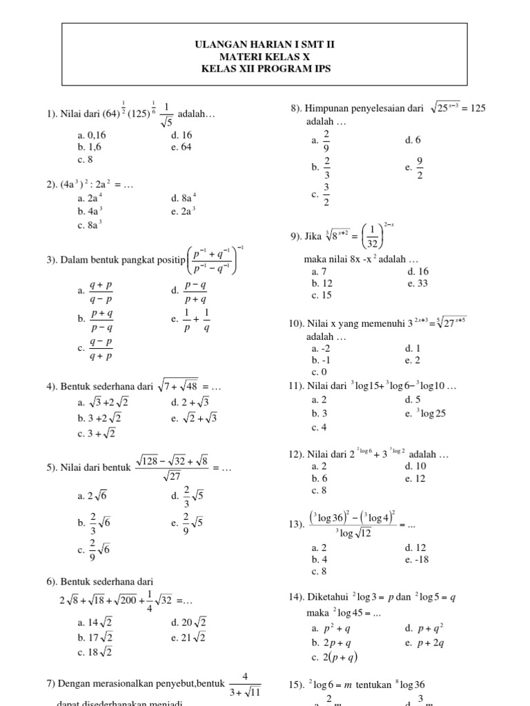 Kumpulan Soal Matematika Kelas X 5 Tipe Pdf