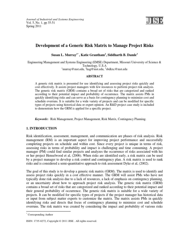 Development of A Generic Risk Matrix To Manage Project Risks | PDF ...