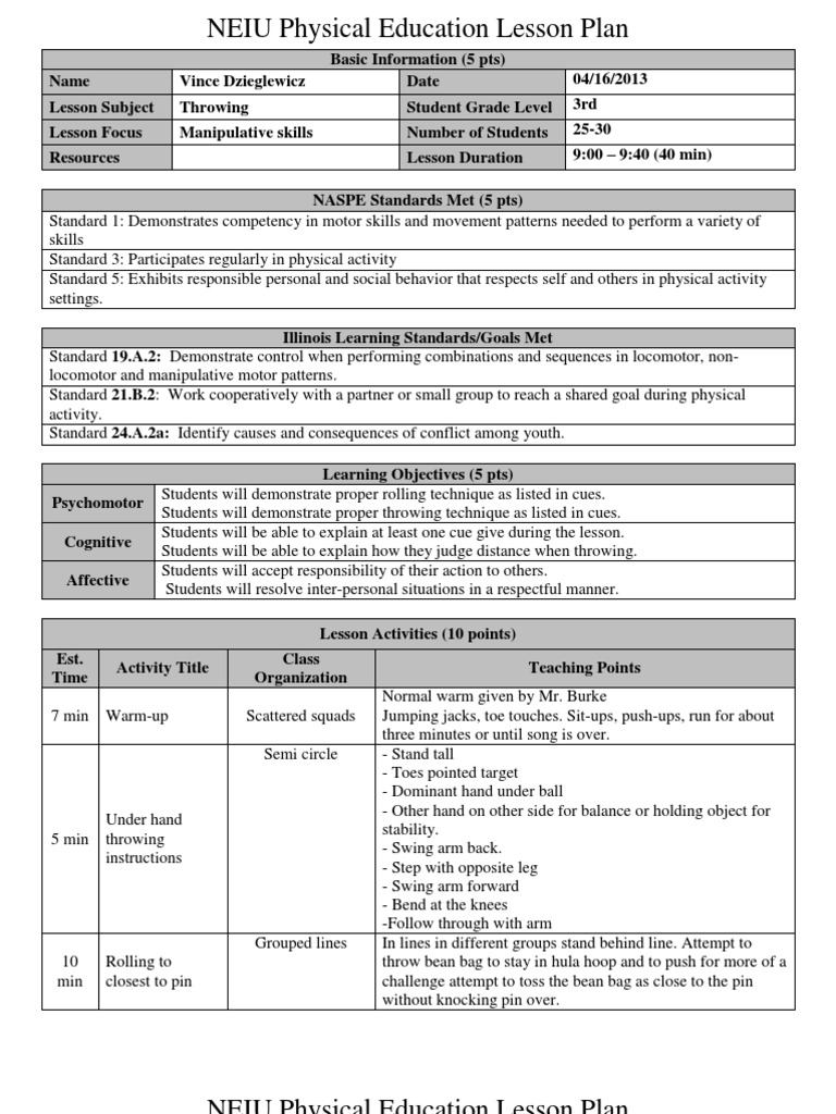 physical education lesson plan grade 3