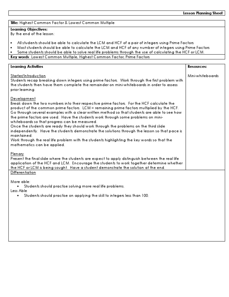 HCF and LCM Lesson Plan for Grade 5 | PDF