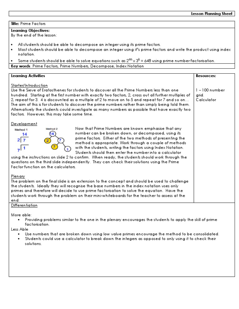 Prime Factorization Lesson Plan | PDF