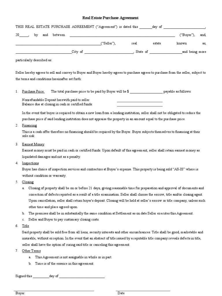 Real Estate Purchase Agreement Template | PDF | Title Insurance | Sales