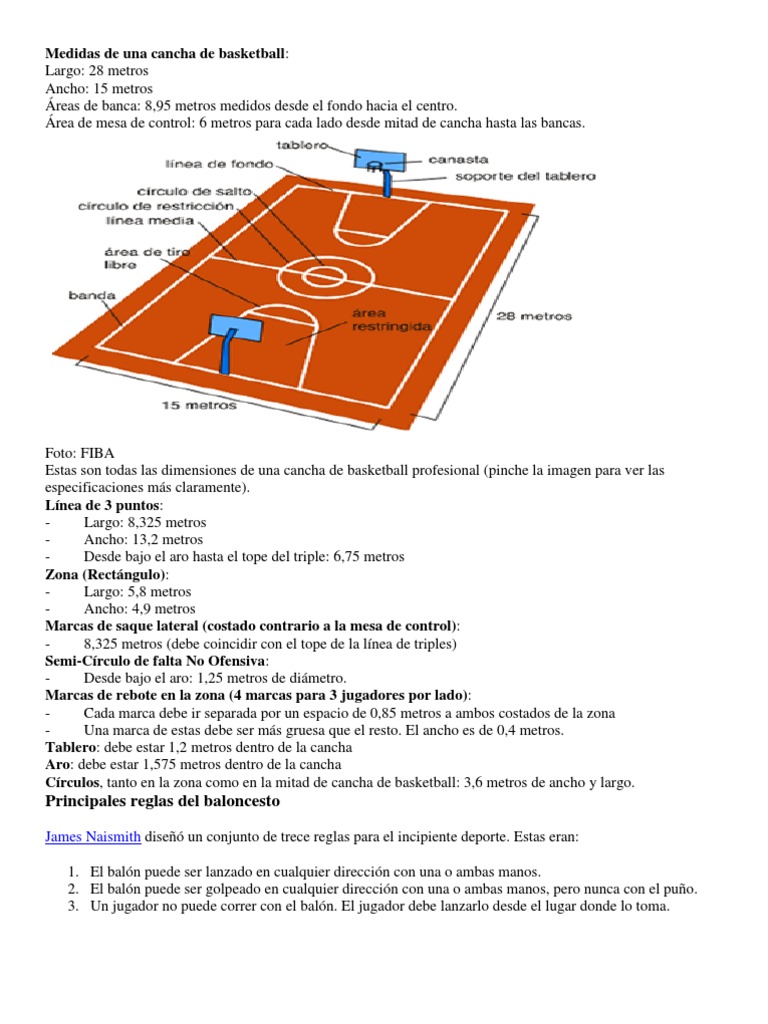 Medidas de Una Cancha de Basketball | PDF | Posiciones de baloncesto |  Árbitro