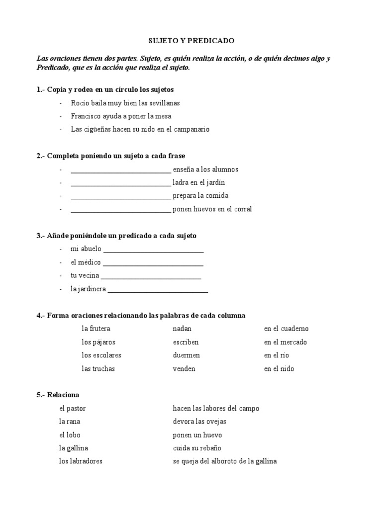Sujeto y Predicado Ejercicios