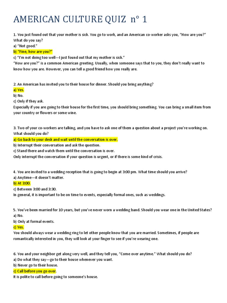 American Culture Quiz PDF Presidents Of The United States