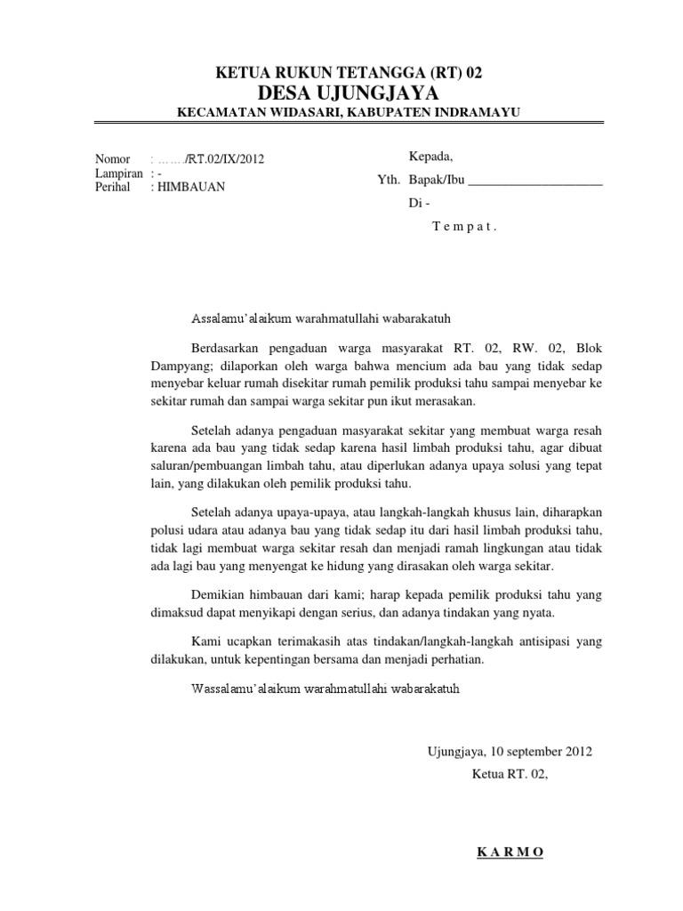 Contoh Surat Pemberitahuan Iuran Bulanan Rt