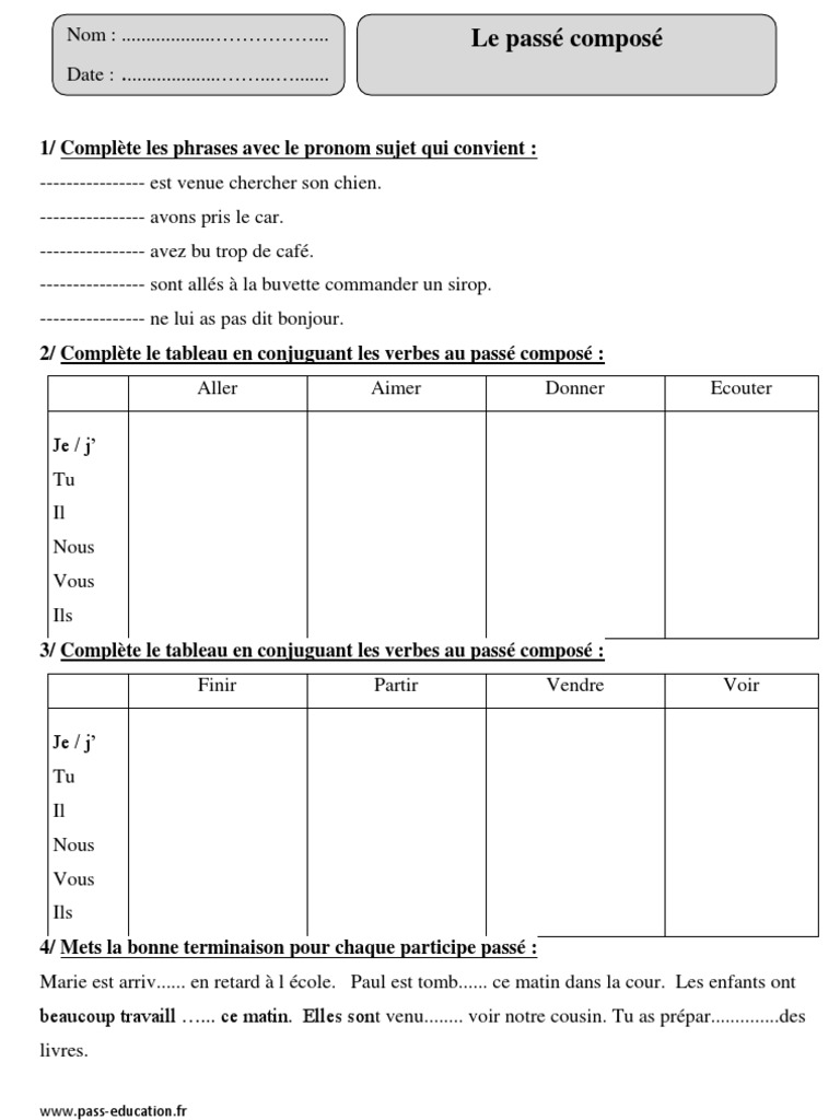 évaluation Passé Composé Cm1 Avec Correction Passé Composé - Cm1 - Exercices Corrigés - Conjugaison - Cycle 3 2 | PDF