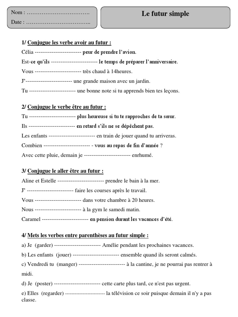 Exercice De Conjugaison Cm2 En Ligne Gratuit Futur Simple - Cm2 - Exercices Corrigés - Conjugaison - Français - Cycle 3  | PDF