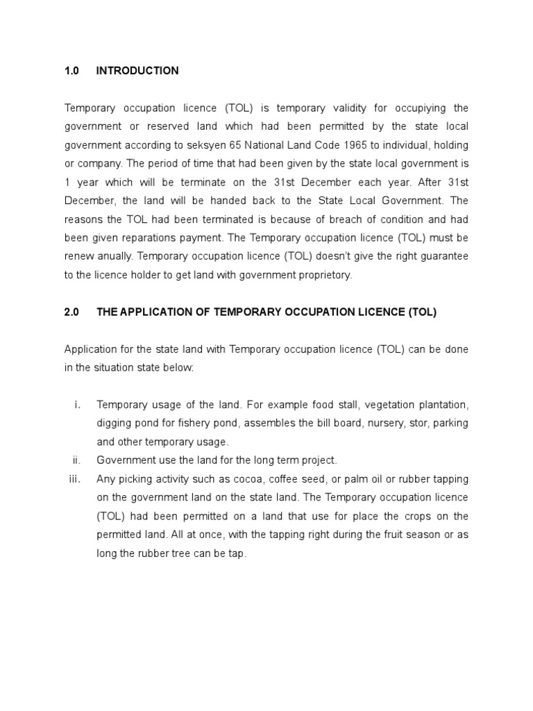 Temporary Occupation Licence (TOL) | PDF | License