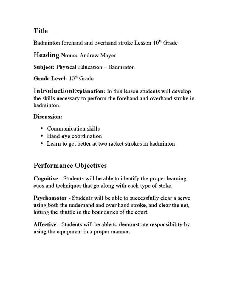Badminton Lesson Plan High School PDF Cognition Psychological
