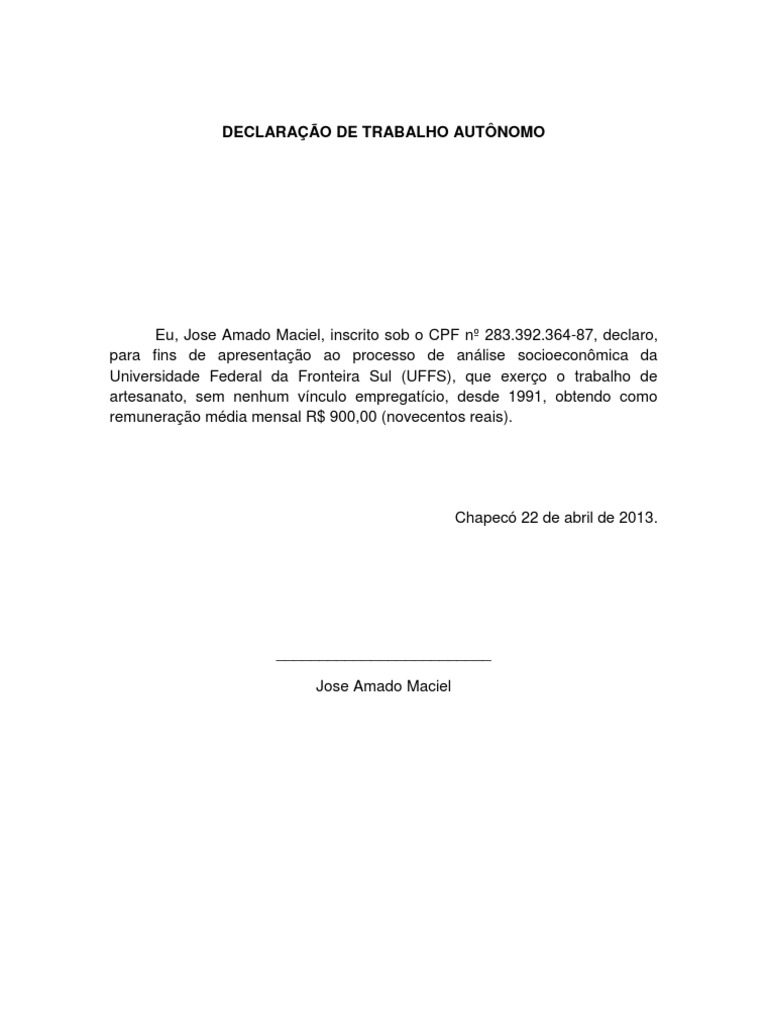 Exemplo De Declaração De Trabalho Autonomo