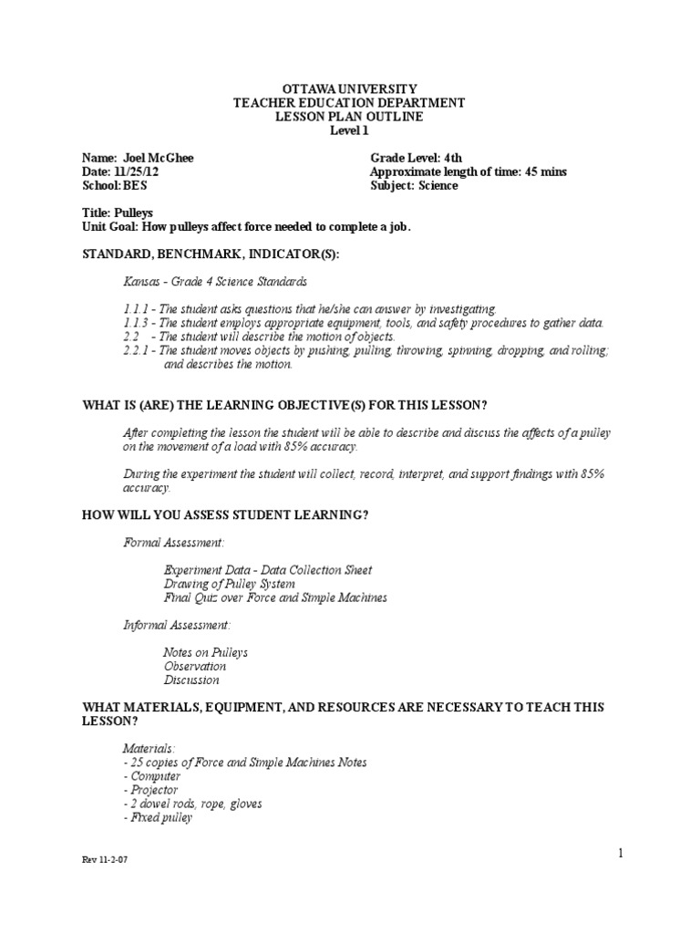 Pulleys Lesson Plan PDF Experiment Machines