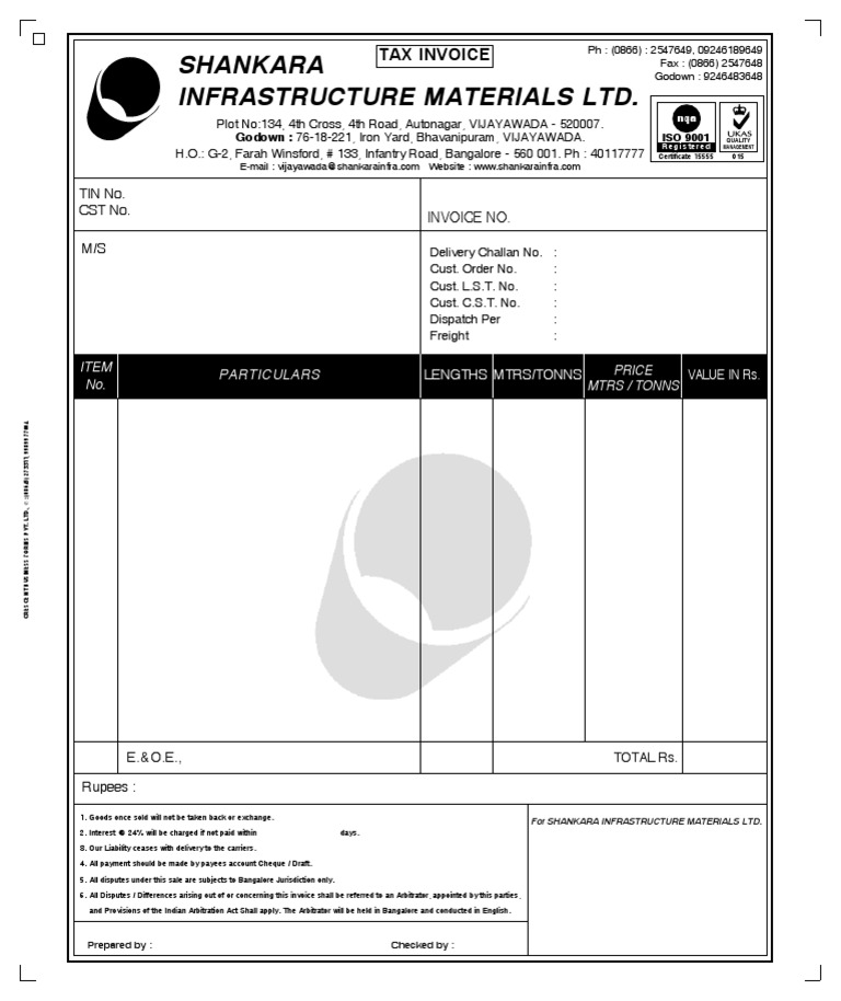 Shankara Infrastructure Invoice