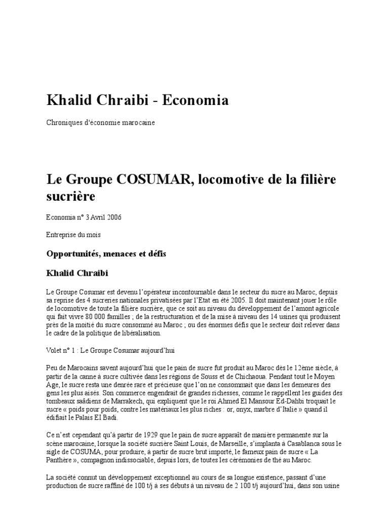 Groupe Cosumar : Leader du Sucre au Maroc | PDF | Bioéthanol | Sucre