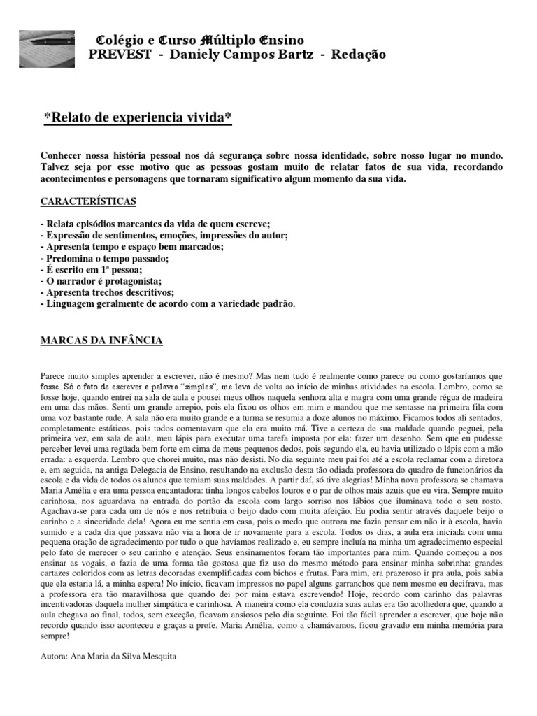 Relato de Experiência Vivida Prevest | PDF | Beijo | Escolas