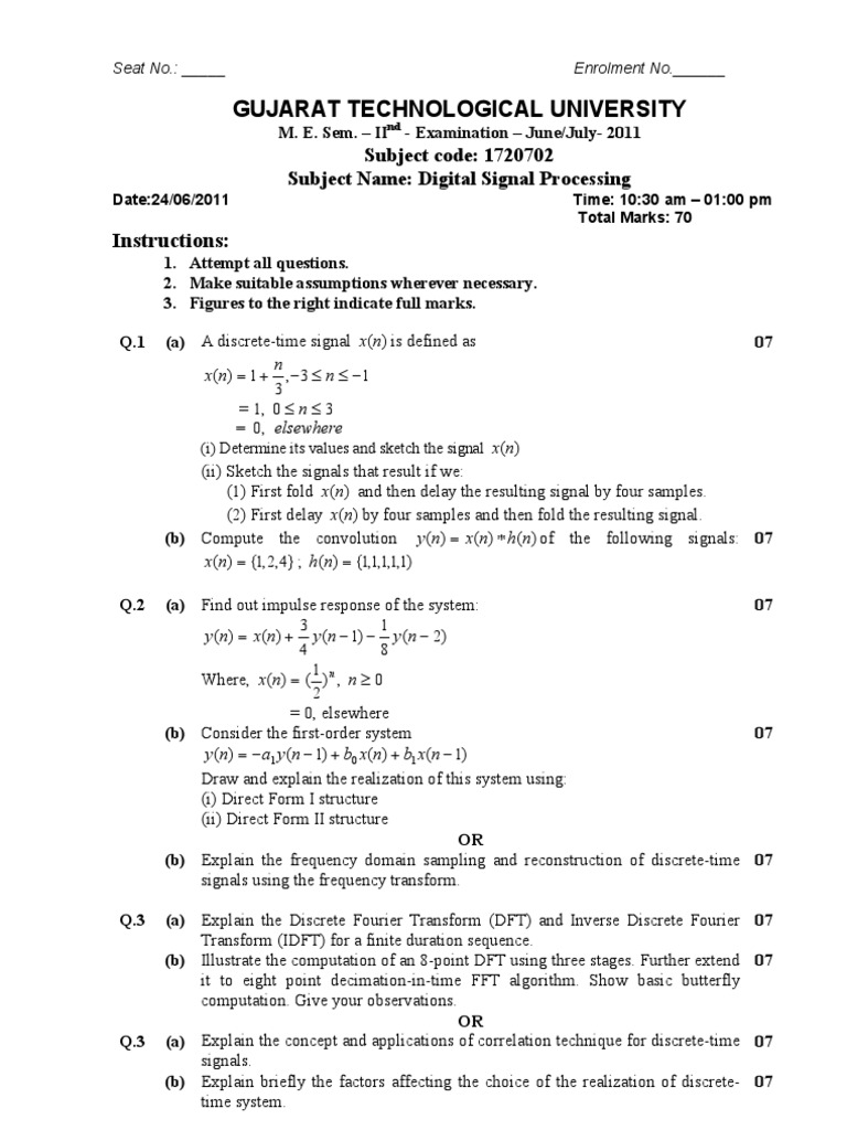 Digital Signal Processing Question Paper PDF Discrete Fourier