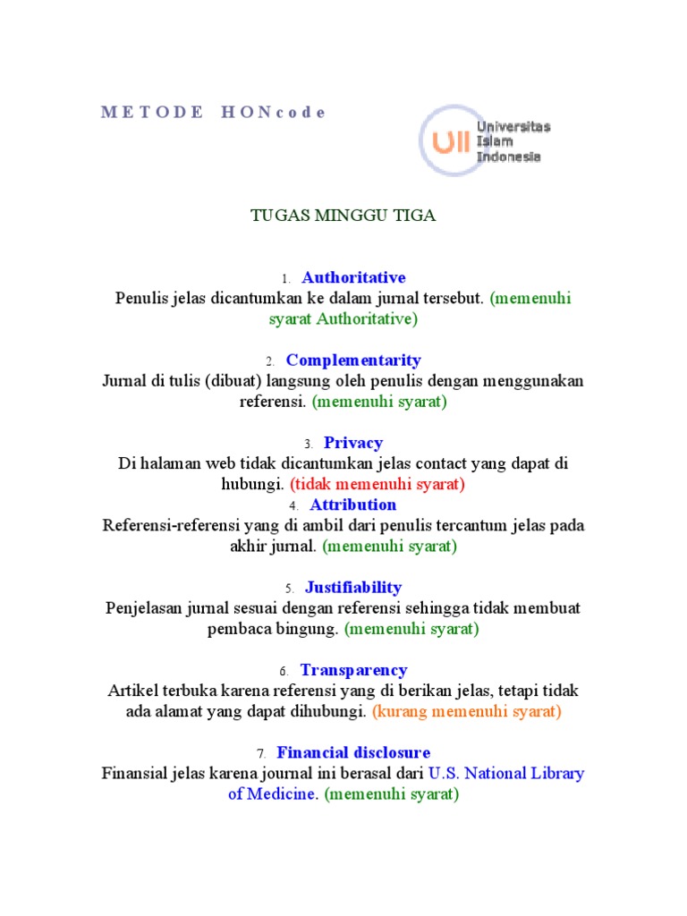 Evaluasi HONcode: Tugas Mingguan | PDF