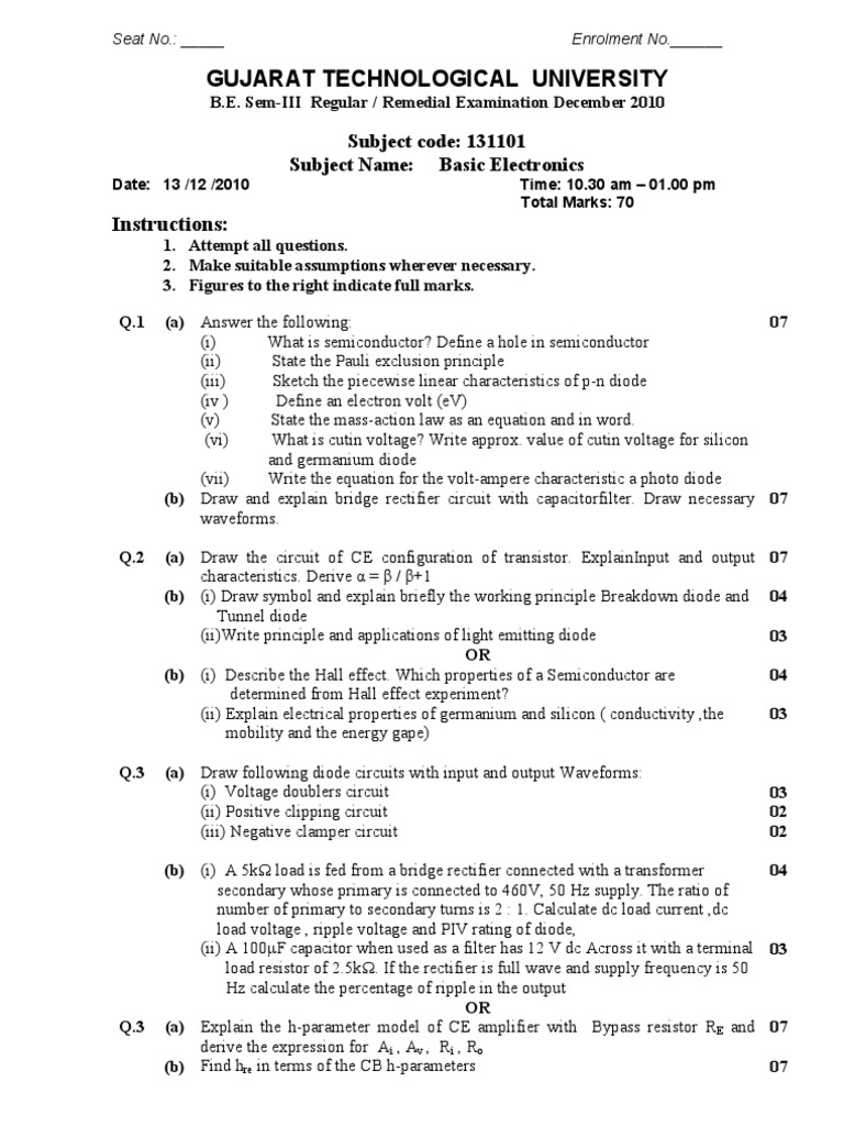 Basic Electronics Exam December 2010 | PDF | Diode | Amplifier