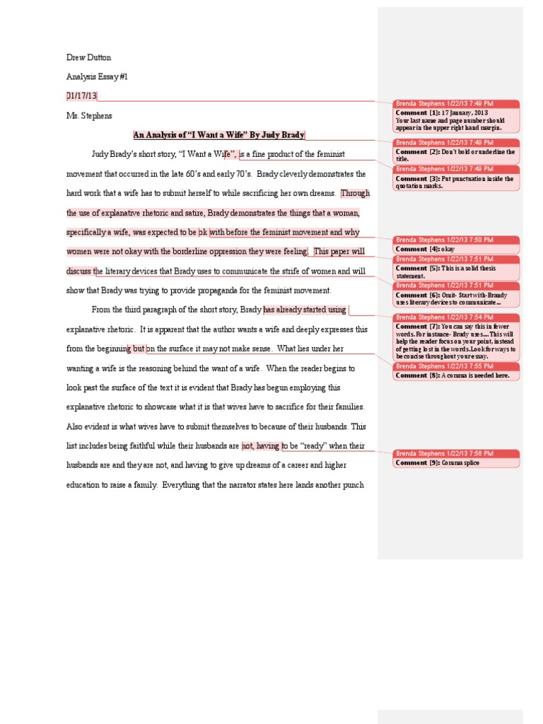 Dutton Draft Analysis Of I Want A Wife Narration