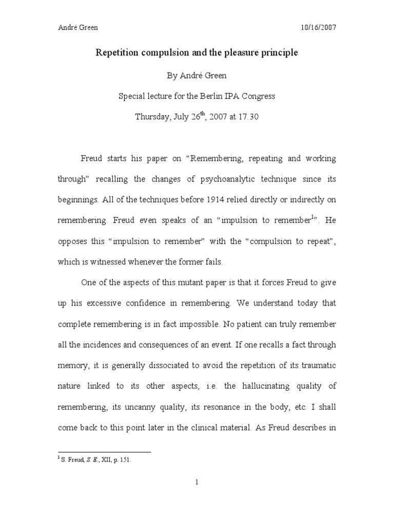 A Green Repetition Compulsion and The Pleasure Principle PDF Id