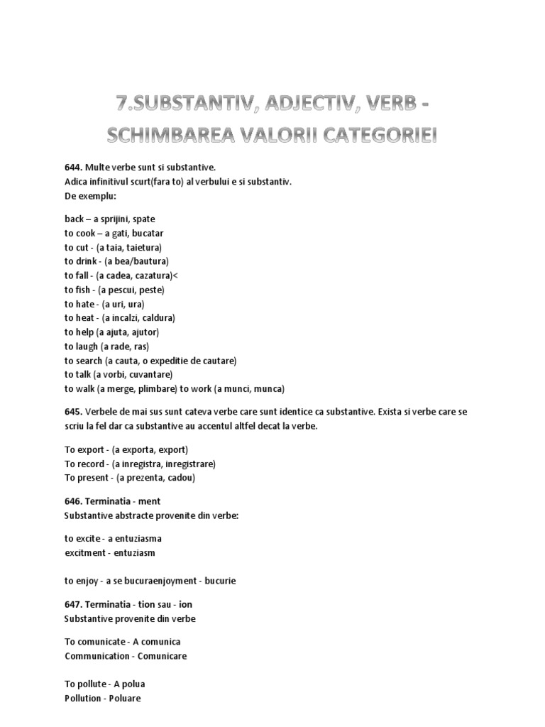 7 Substantivul Adjectivul Verbul Schimbarea Valorii Gramaticale Pdf