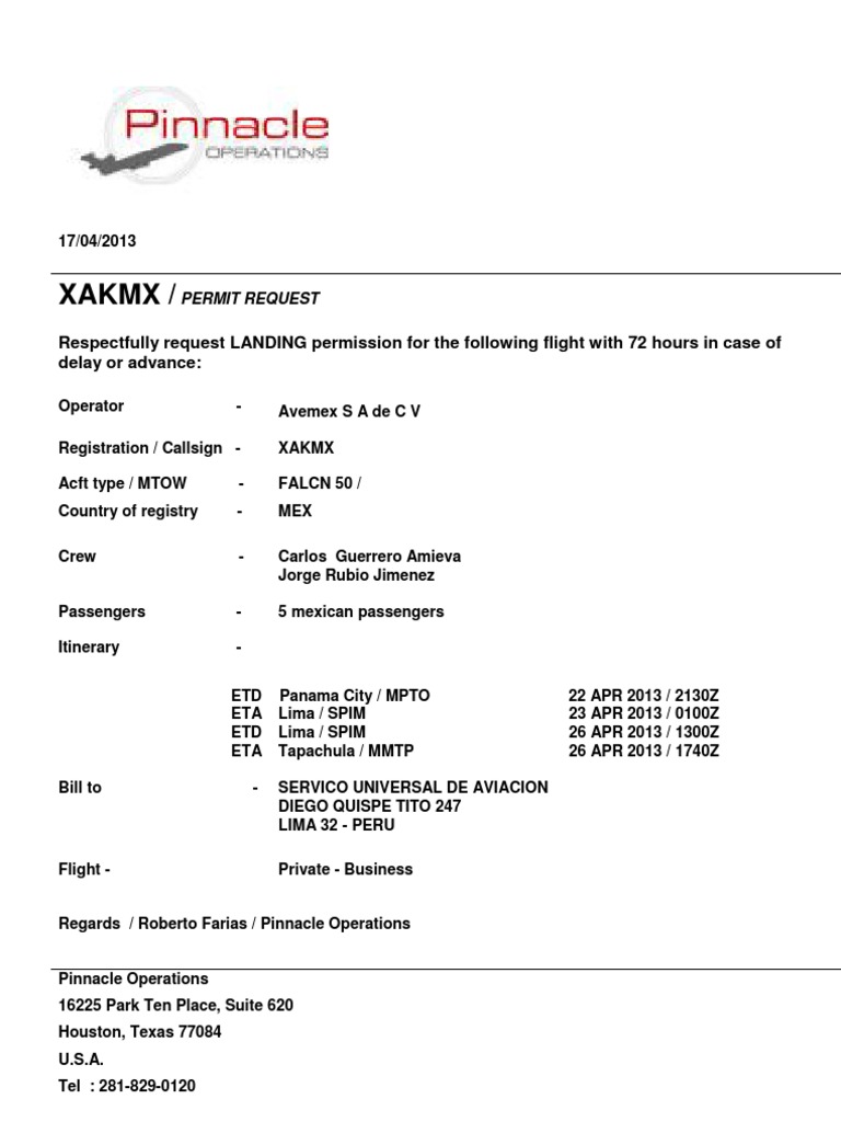 Avemex Flight Permit Request by Amieva | PDF