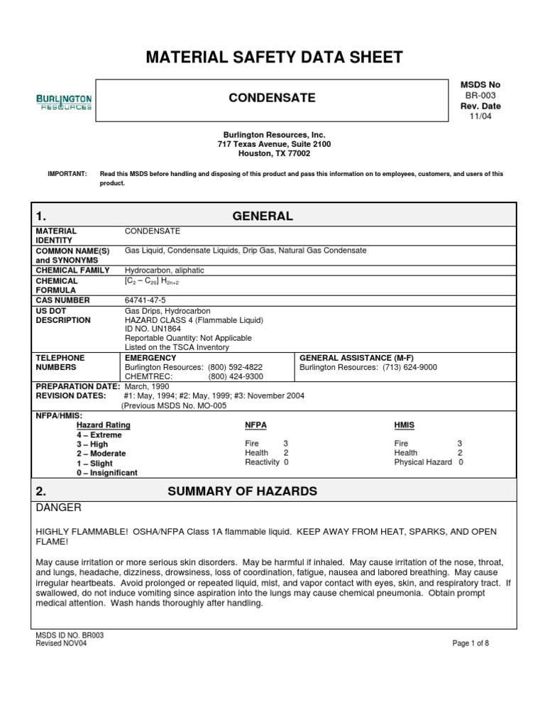 Condensate MSDS Benzene Personal Protective Equipment