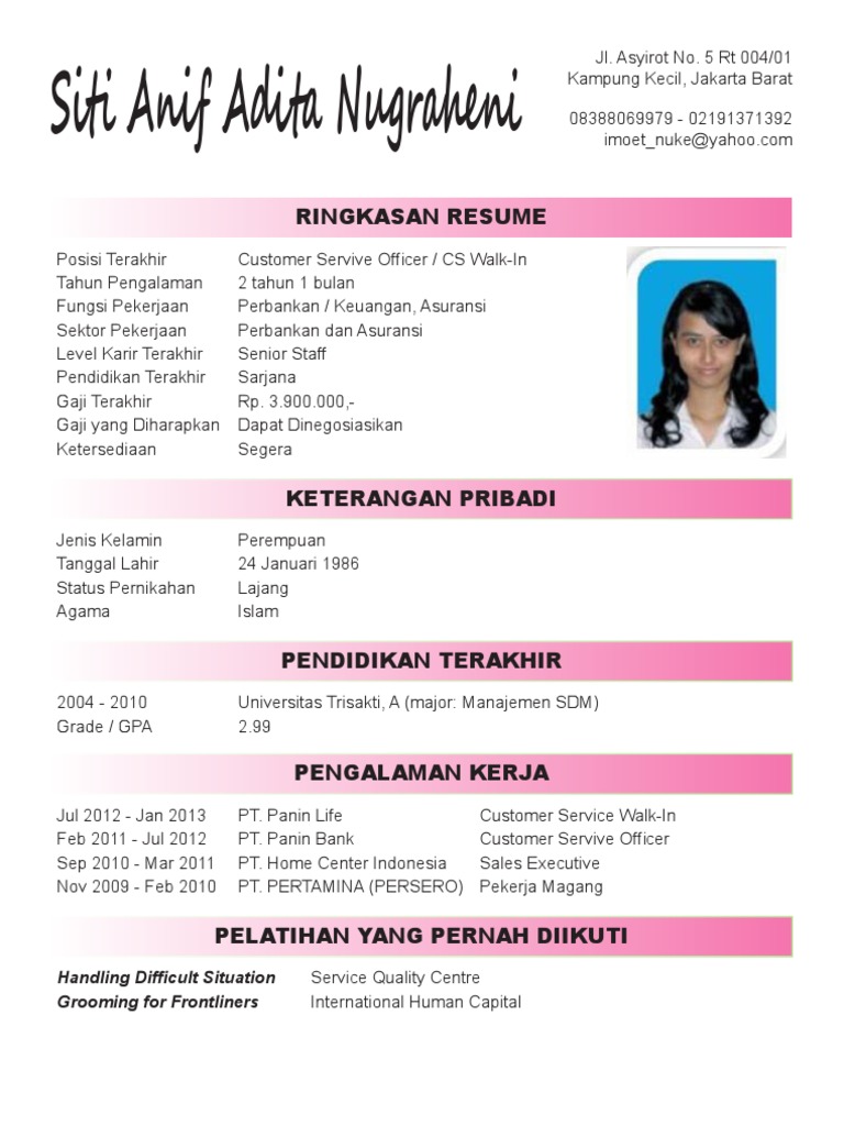 Contoh Cv Dan Lamaran Kerja Pdf Contoh Cv (curriculum Vitae) Yang Baik