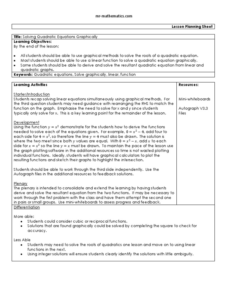 Lesson Planning Quadratic Graph