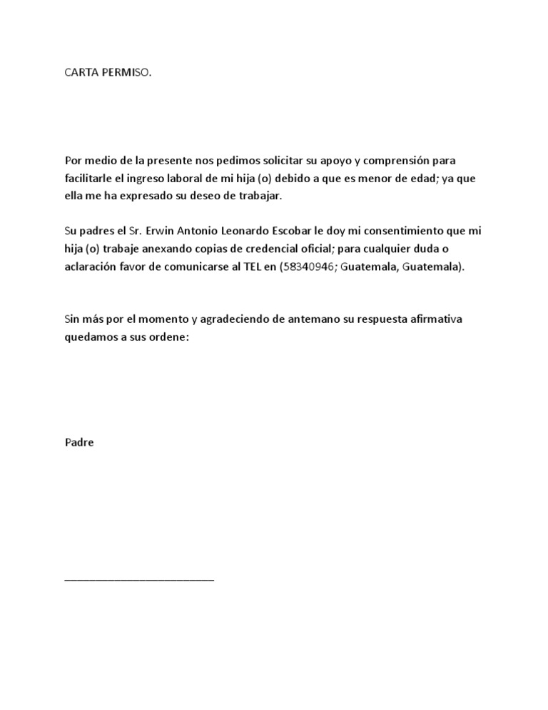 Carta Permiso Para Trabajar Para Menores De Edad Pdf Violencia
