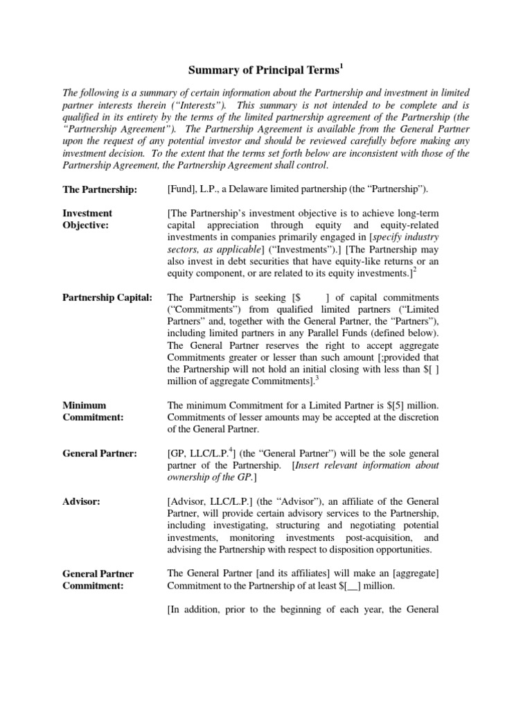 Private Equity Term Sheet v1 | PDF | Partnership | Limited Partnership