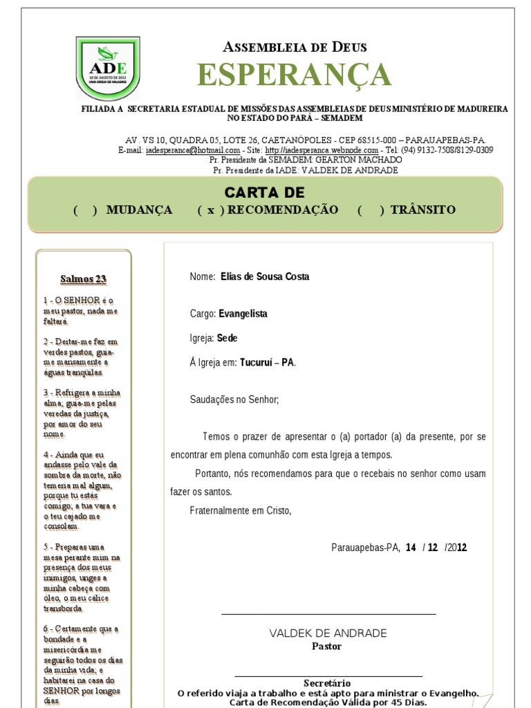 CARTA DE RECOMENDAÇÃO MADUREIRA