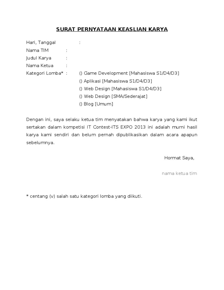 Surat Pernyataan Keaslian Karya