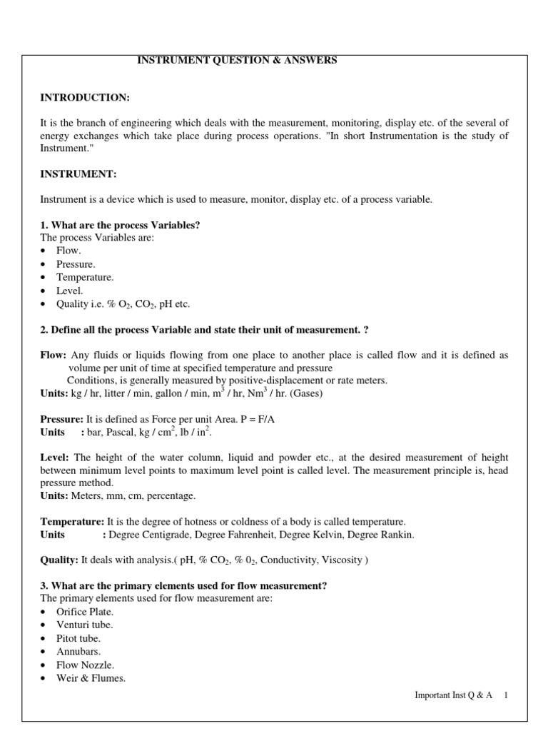Instrumentation Question & Answer PDF Pressure Measurement