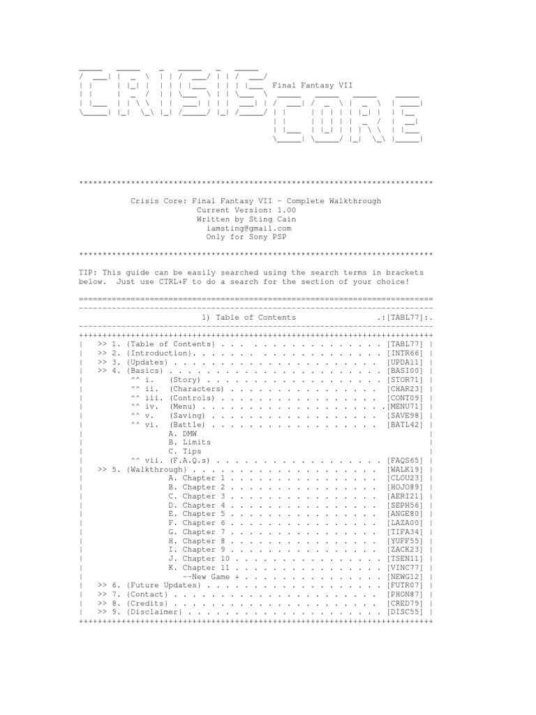 Crisis Core FFVII Walkthrough Guide | PDF | Video Game Design | Game Design