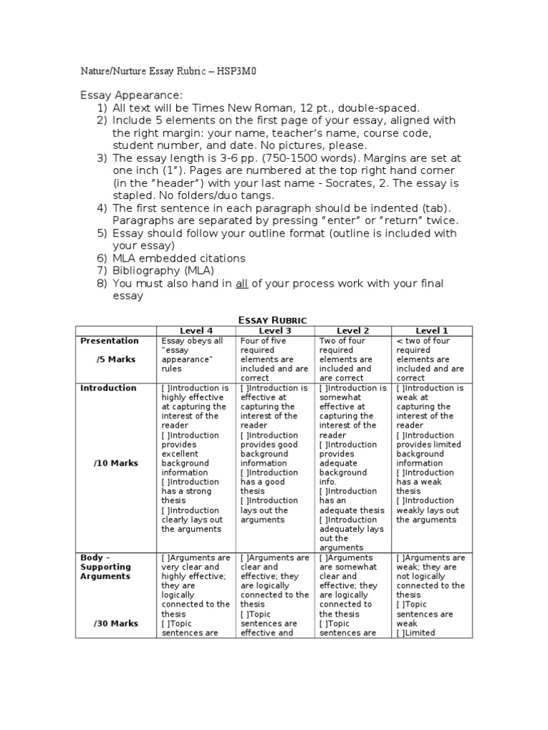 Nature Vs Nurture Na Essay Rubric Argument Essays