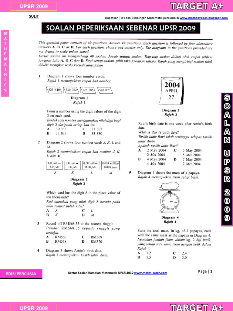Soalan Matematik Upsr Sebenar 2009 Pdf