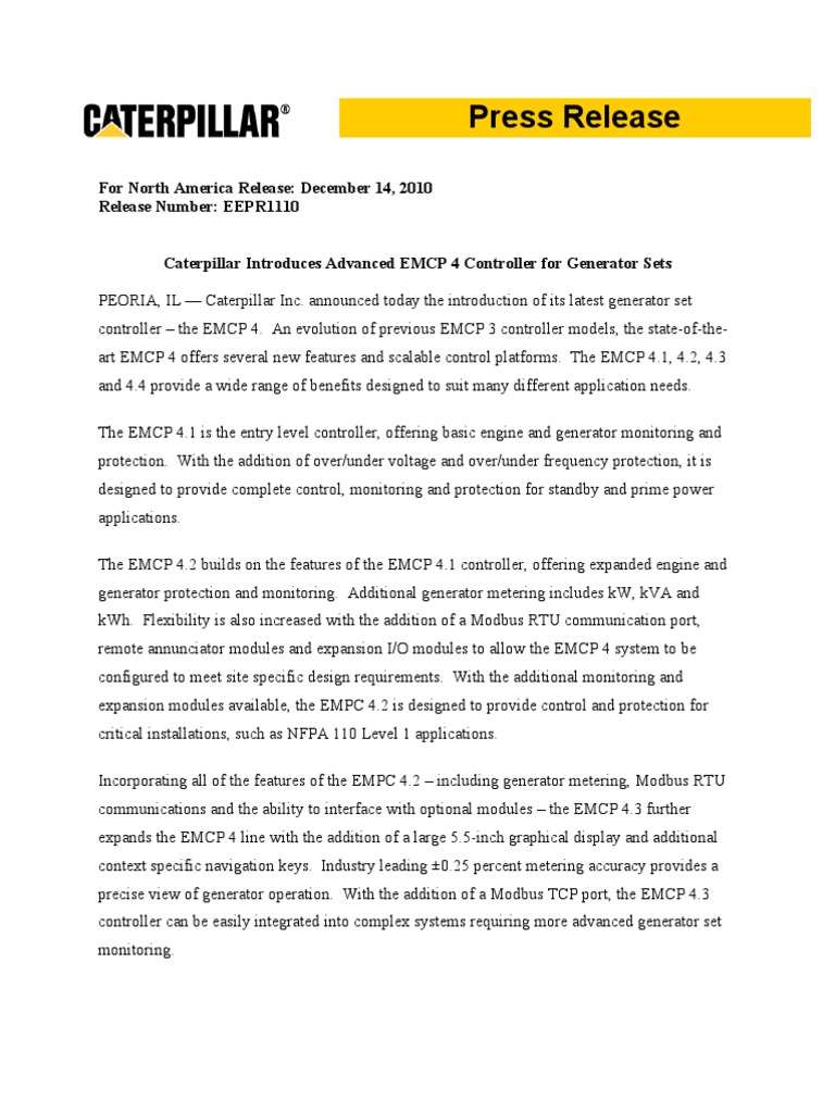 EEPR1110 Cat Introds EMCP 4 Controller - 121410 | PDF | Electric ...