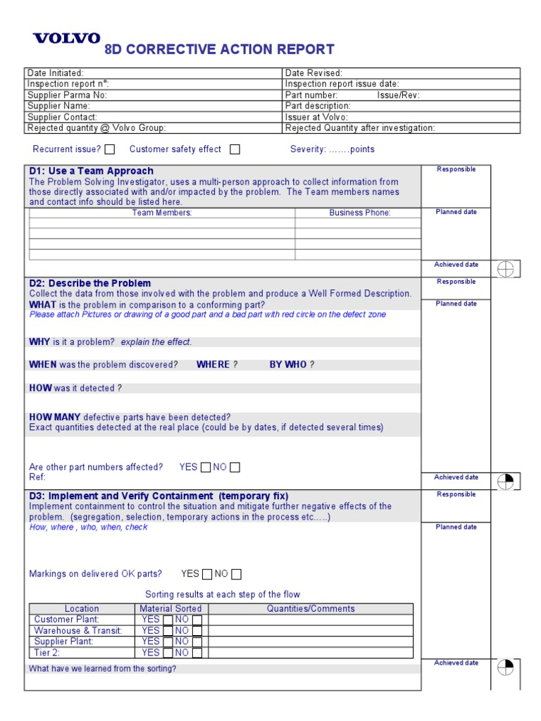 22D Corrective Action Report: D22: Use A Team Approach  Business With 8d Report Template Xls