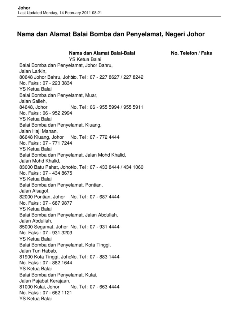 List Balai Bomba Johor Pdf