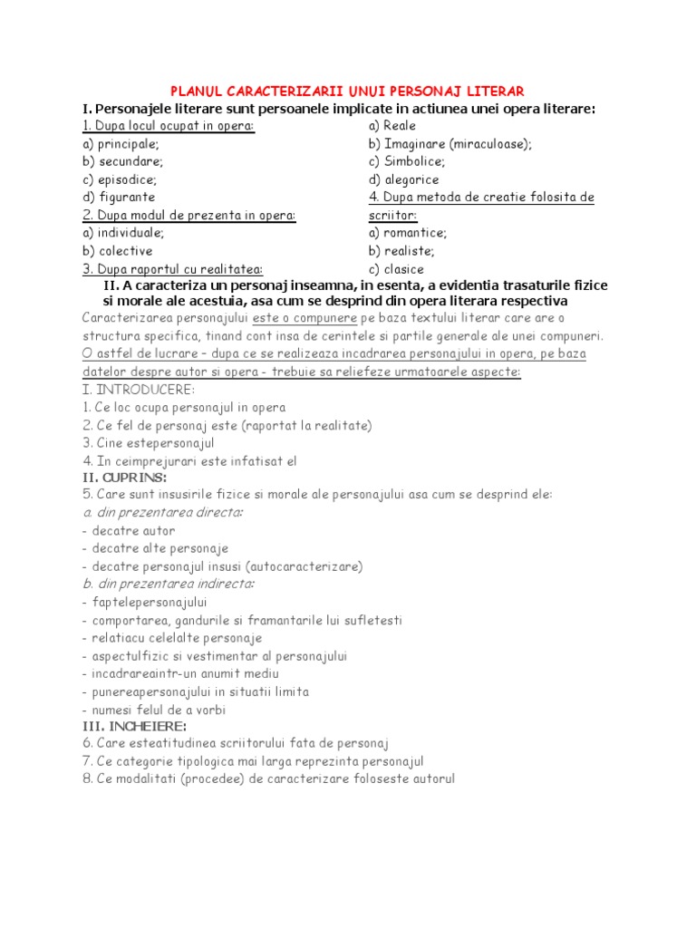 Planul Caracterizarii Unui Personaj Literar | PDF