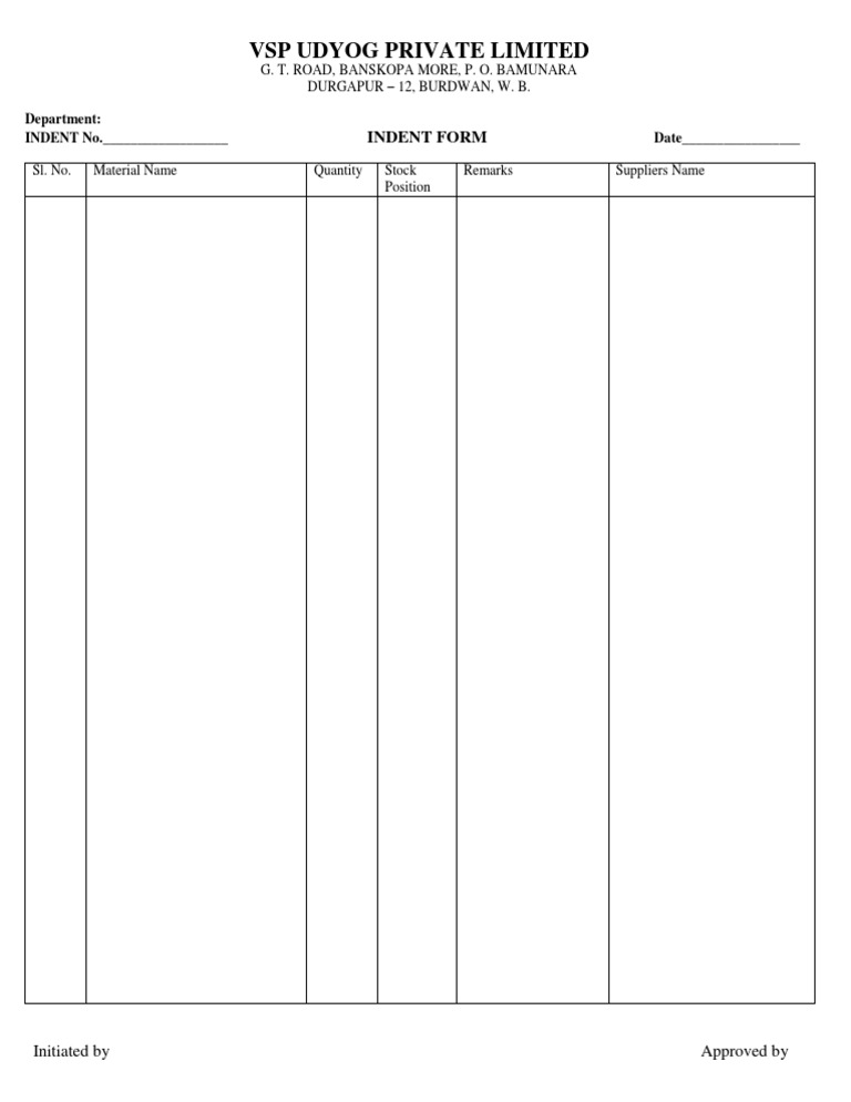 VSP Udyog Private Limited: Indent Form | PDF