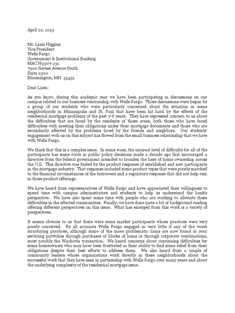 Wells Fargo Draft Letter Wells Fargo Strategic Management