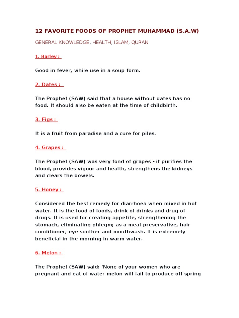 12 Favorite Foods of Prophet Muhammad | PDF