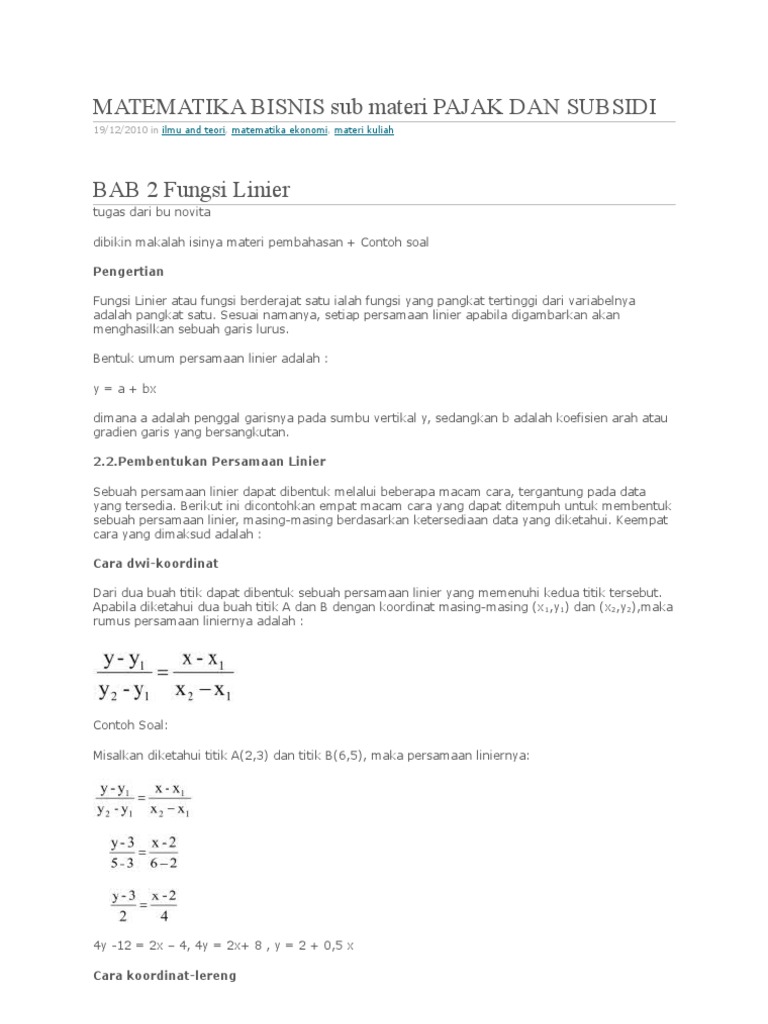 Matematika Bisnis Sub Materi Pajak Dan Subsidi