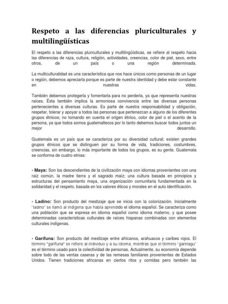 Respeto A Las Diferencias Pluriculturales y Multilingüísticas | PDF ...