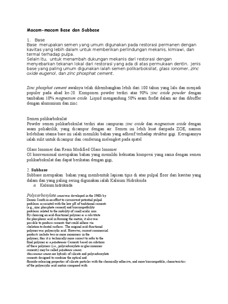 Jenis Base dan Subbase dalam Dental | PDF | Komposit Gigi | Fisika ...